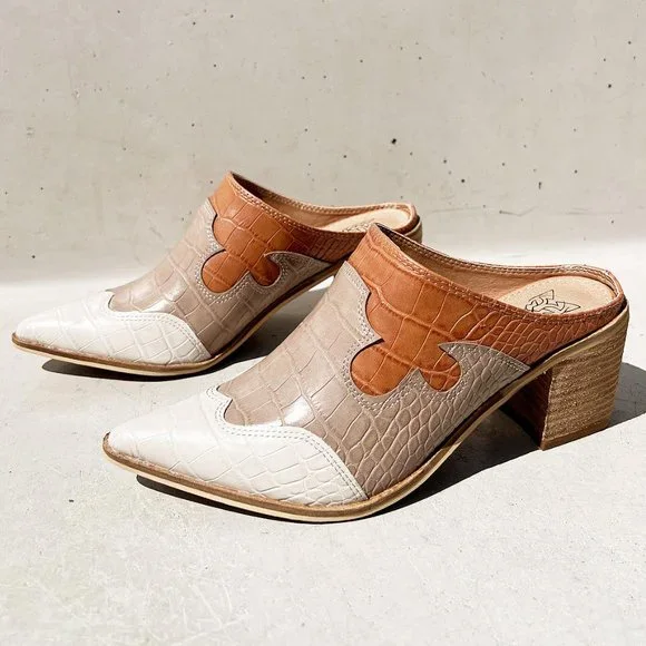 NEW Western Croc Embossed Colorblock Pointy Toe Block Heel Slip On Mules Shoes - Picture 12 of 13